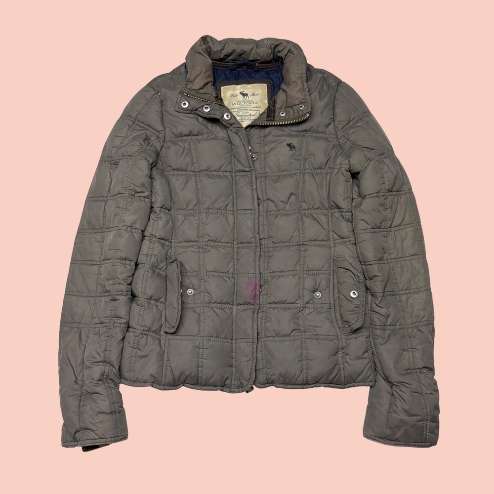 Abercrombie & Fitch Womens Quilted Puffer Jacket Taupe Gray Size S Full Zip